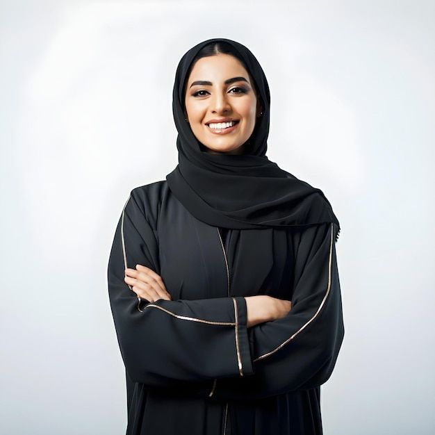 A woman in a black hijab with her arms crossed _ Premium AI-generated image